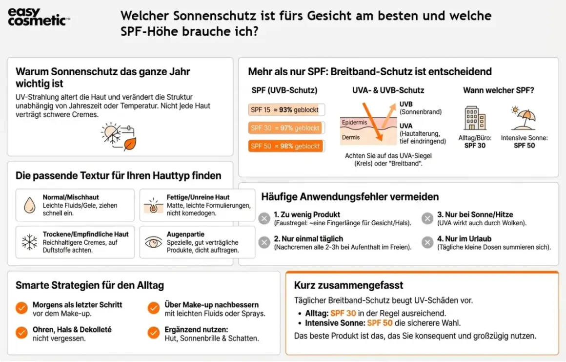 Welcher Lichtschutzfaktor fürs Gesicht? SPF 30 für Alltag, SPF 50 bei intensiver Sonne. Breitband-Schutz ist entscheidend.