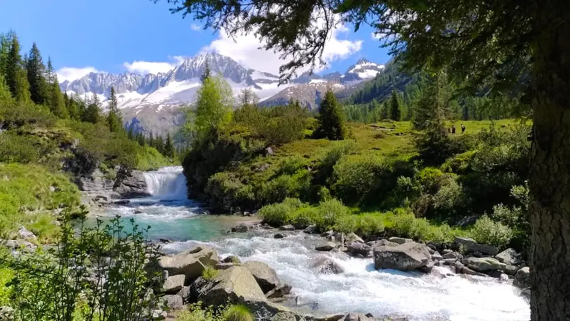 Un torrente impetuoso scorre tra rocce e vegetazione lussureggiante, con una cascata sullo sfondo. Le cime innevate delle montagne dominano il paesaggio del Val di Fumo, suggerendo l'alta altitudine.