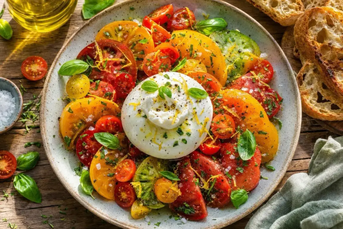 Une burrata crémeuse trône au milieu d'une salade colorée de tomates anciennes, de basilic frais et de zestes de citron. Une entrée parfaite pour l'été.