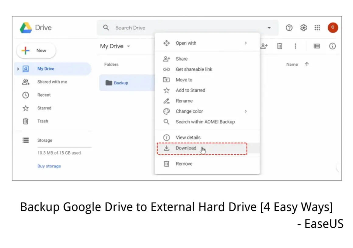 Google Drive interface showing a dropdown menu with "Download" highlighted, illustrating how to transfer Google Photos to an external hard drive.