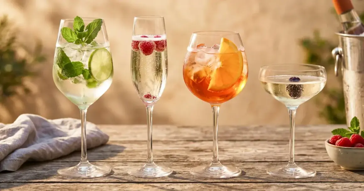 Cztery drinki na drewnianym stole: jeden z limonką i miętą, drugi z malinami, trzeci z pomarańczą, a czwarty z jeżyną. Idealne na letnie popołudnie, w tym orzeźwiający prosecco drink.