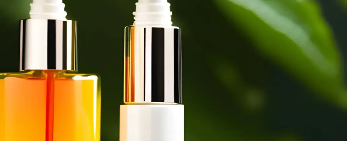 Zwei Pipettenflaschen mit goldenen Kappen, eine mit orangefarbener Flüssigkeit, die an Retinol und Vitamin C erinnert, vor einem grünen Hintergrund.