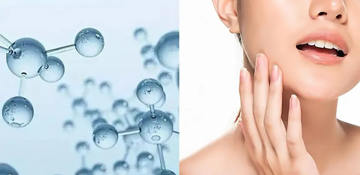 Molecole di sodio ialuronato che idratano la pelle di un viso.