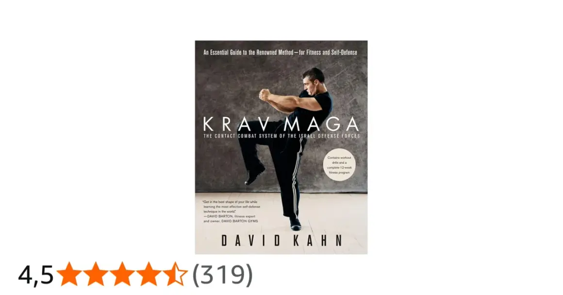 Omslag till boken "Krav Maga" av David Kahn, med en man i en försvarsställning. Boken lär ut självförsvar och träning.