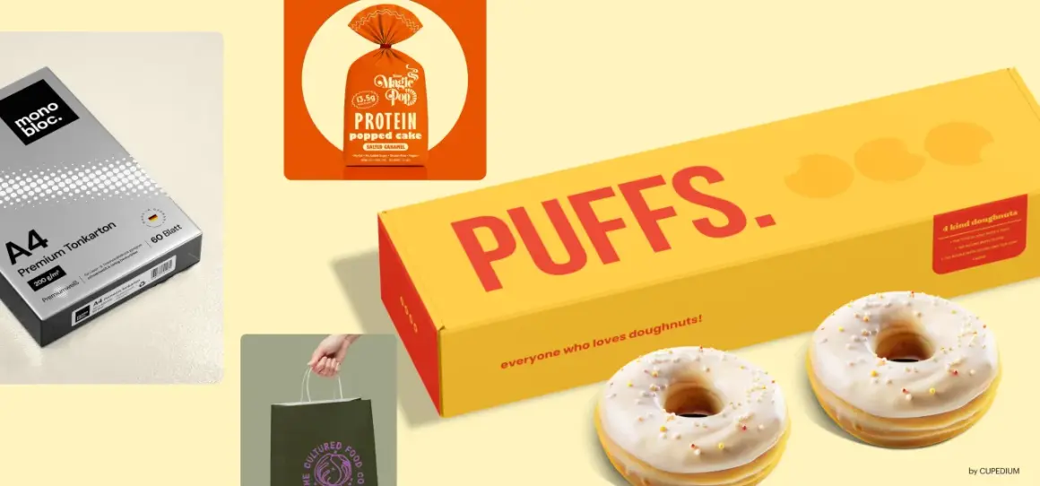 Vibrant product packaging trends: a box of "Puffs" doughnuts, a protein cake bag, and a pack of A4 cardstock.
