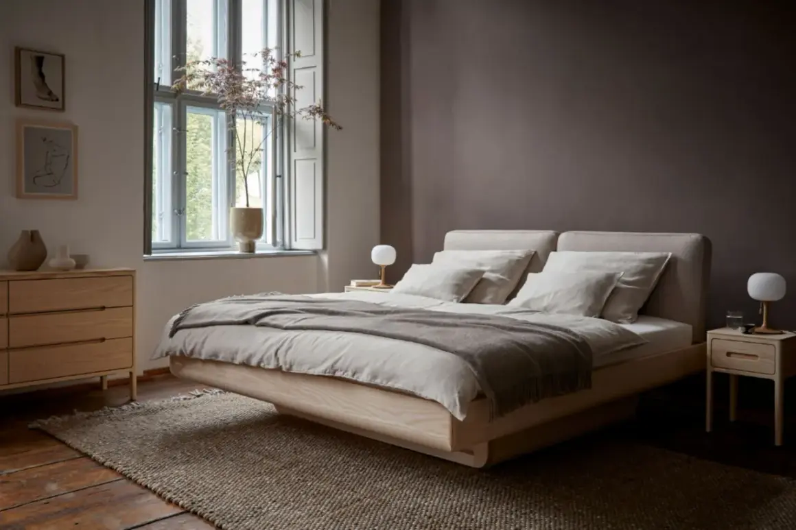 Ein gemütliches Bett mit Leinenbezug und eine Wand in warmem Braunton – das sind die modernen schlafzimmer farben. Holzmöbel und dezente Deko schaffen Ruhe.