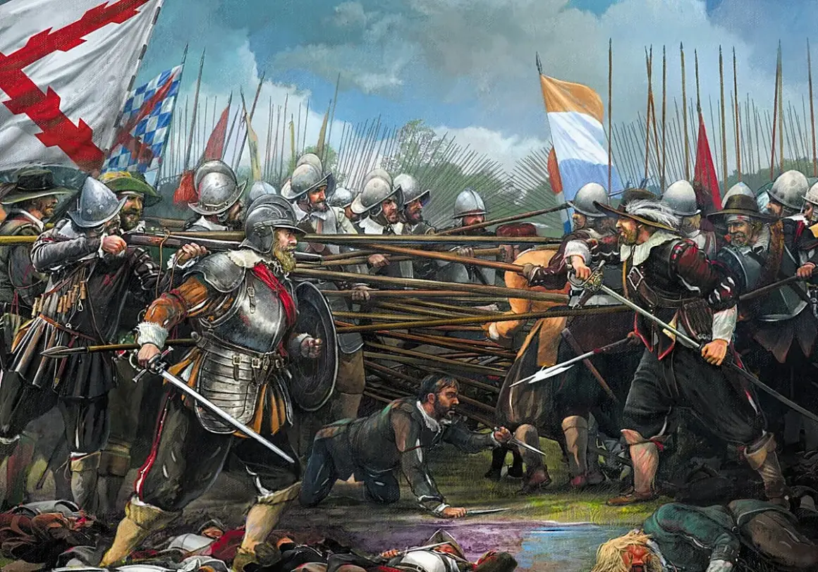 Pintura de una batalla con soldados armados con espadas y picas, ondeando banderas.