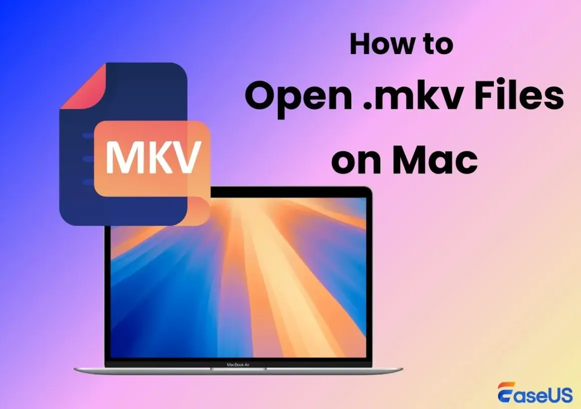 Learn how to open MKV files on Mac with this guide. An MKV file icon hovers over a MacBook Air displaying a colorful wallpaper.