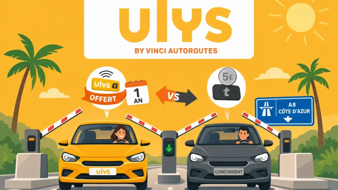 Le parrainage Ulys offre 1 an de badge gratuit, comparé à un concurrent payant. Deux voitures passent un péage.