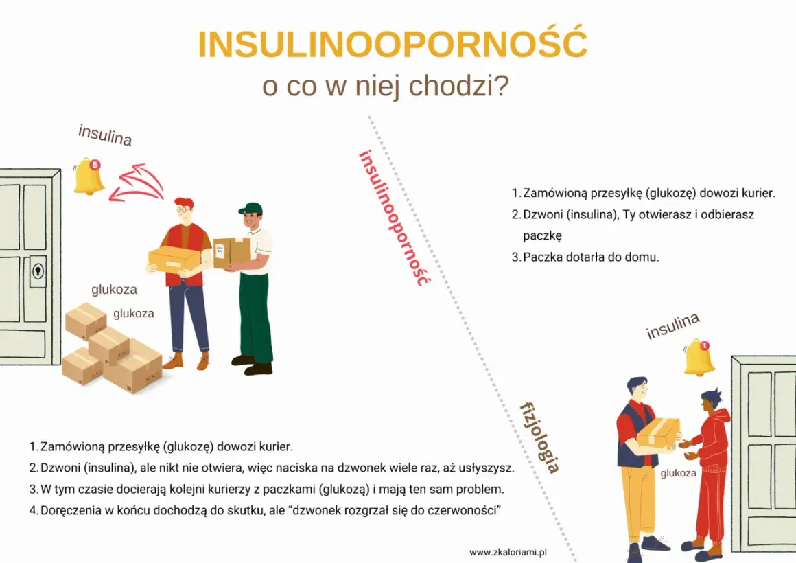 Ilustracja wyjaśnia insulinooporność: kurierzy dostarczają glukozę, ale insulina nie reaguje, co utrudnia jej odbiór. Badania insulinooporności pomagają zrozumieć ten proces.