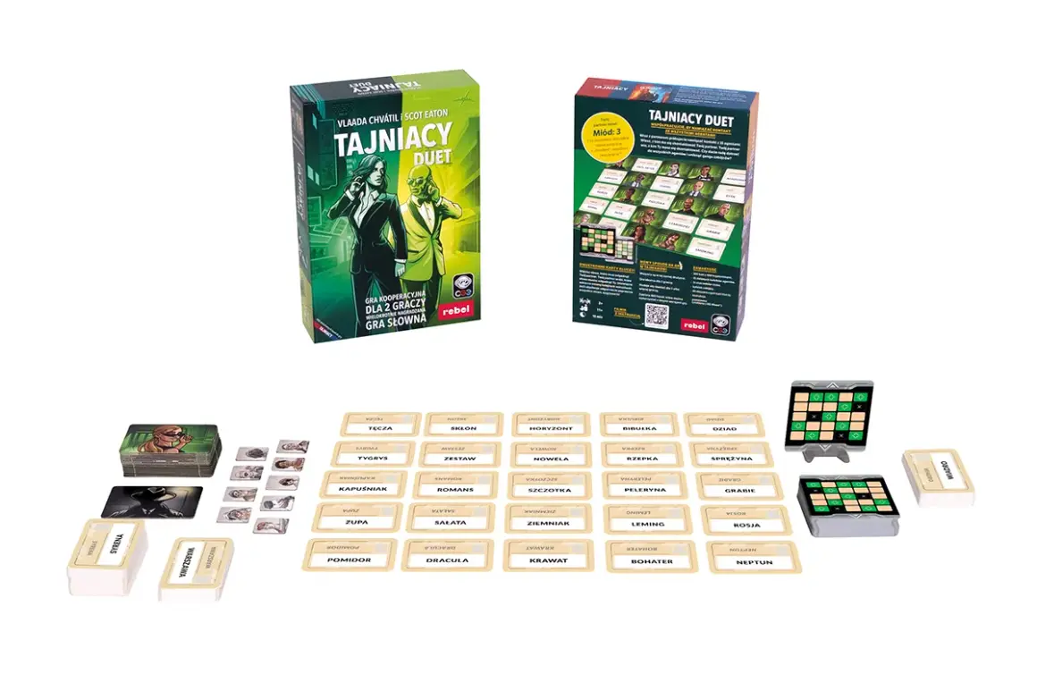 Gra planszowa "Tajniacy Duet" z kartami i planszami. Gracze wcielają się w tajnych agentów, tworząc zgrany duet.