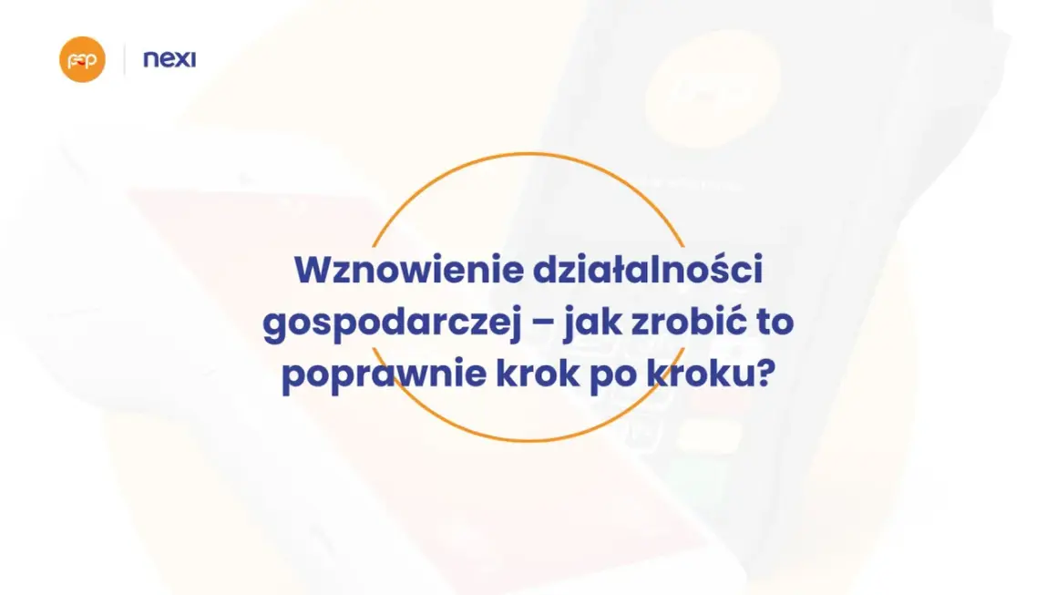Wznowienie działalności gospodarczej krok po kroku. Grafika przedstawia terminal płatniczy i logo Nexi.