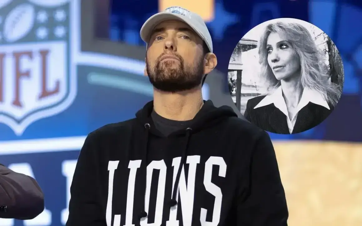 Eminem w bluzie z napisem "LIONS" i czapce, obok okrągłe zdjęcie kobiety. Pytanie "czy eminem żyje" nabiera nowego znaczenia.