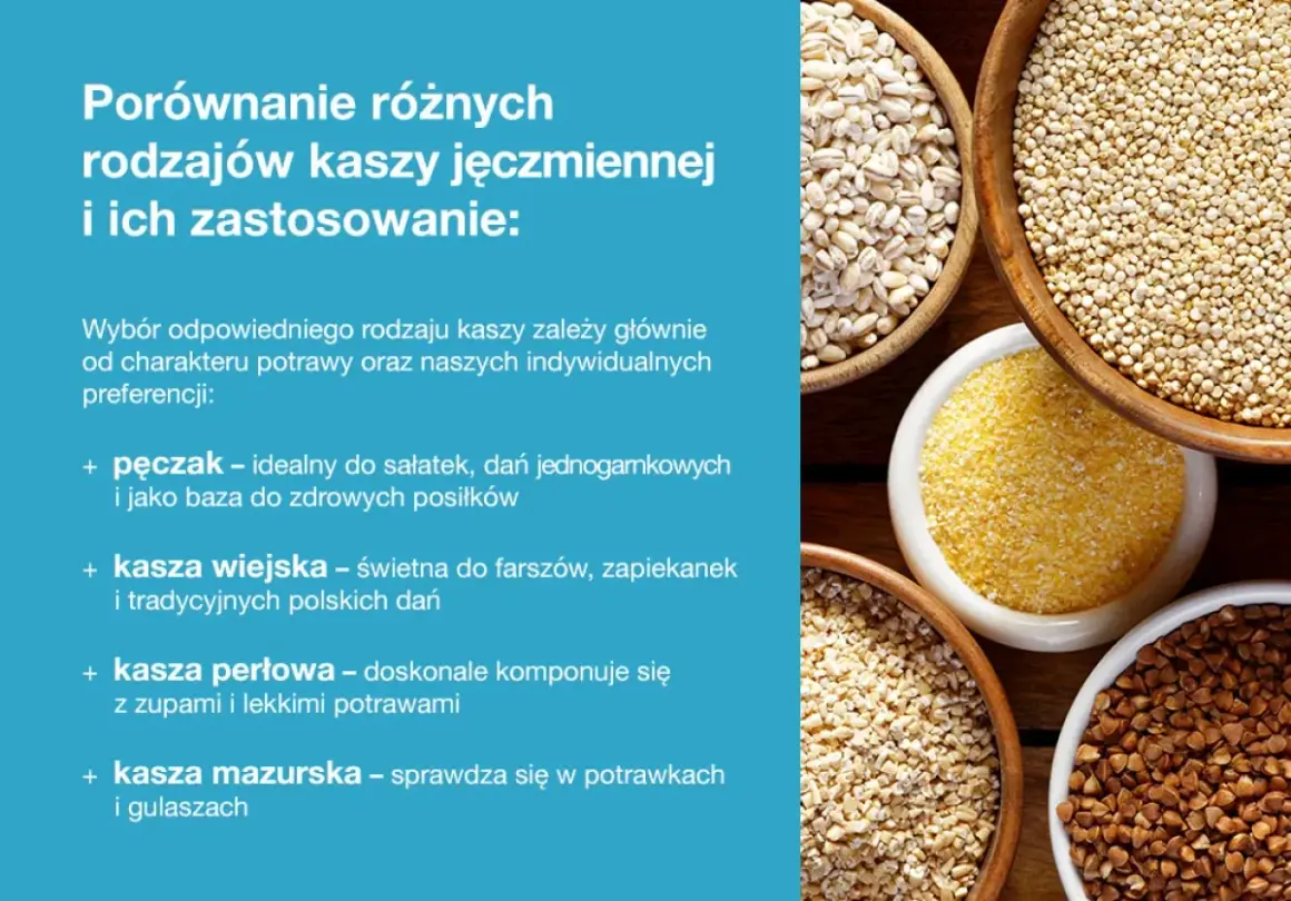 Różne rodzaje kasz: pęczak, wiejska, perłowa i mazurska, z opisem ich zastosowań w kuchni.