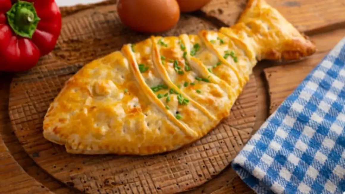Empanada de bacalao con forma de pez, dorada y adornada con cebollino. Acompañada de pimiento rojo y huevos.