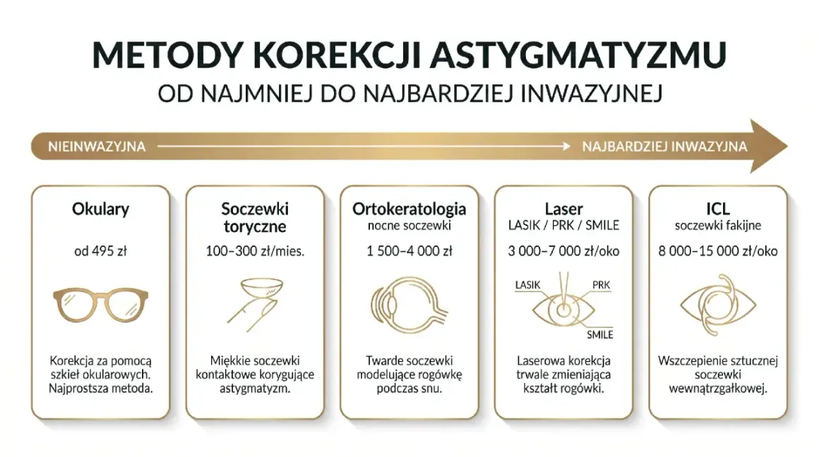 Grafika przedstawia metody korekcji astygmatyzmu: okulary, soczewki, ortokorekcję, laser i soczewki fakijne.