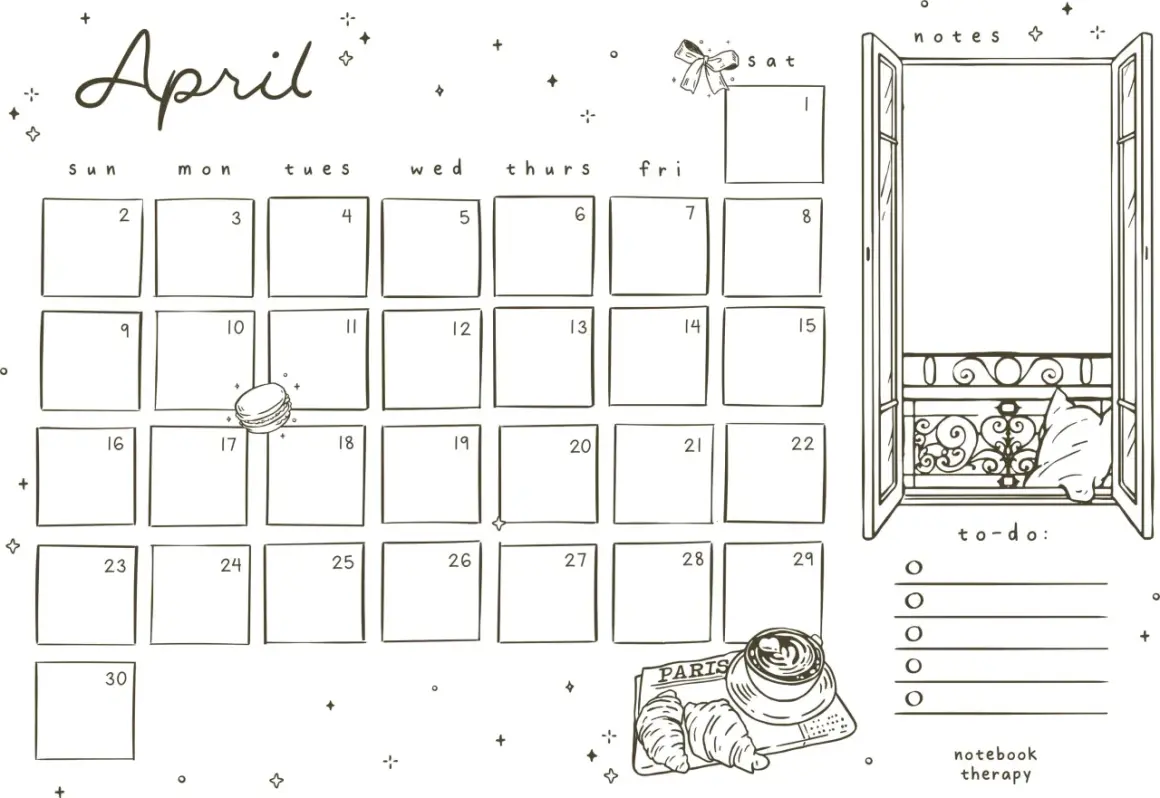 Calendario del mes de abril con un diseño de estilo boceto, que incluye un espacio para notas y una lista de tareas.