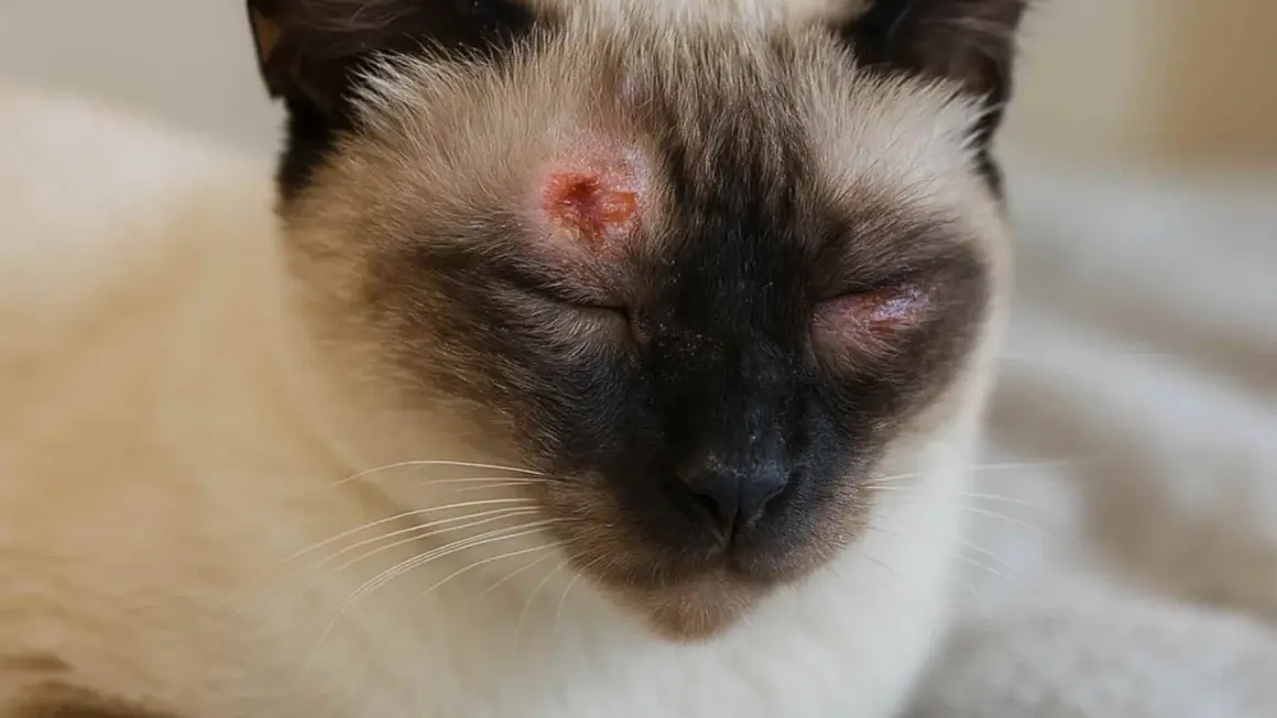Gato siamés con lesiones rojizas y costrosas alrededor de los ojos, indicativo de tiña en gatos.