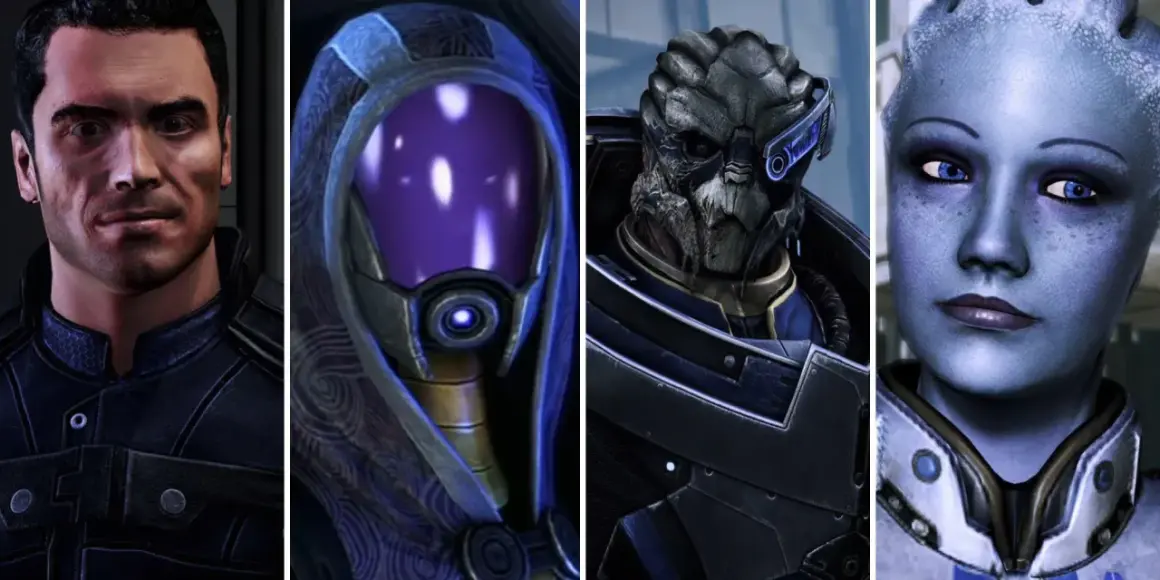 Vier Charaktere aus Mass Effect 1: Shepard, Tali, Wrex und Liara. Wer wird Shepards Herz erobern? Die Mass Effect 1 Romanzen warten!