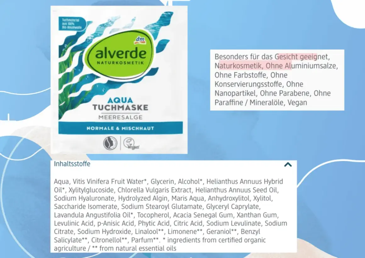 Alverde Aqua Tuchmaske mit Meeresalge. Enthält Sodium Levulinate für normale & Mischhaut. Naturkosmetik, vegan.