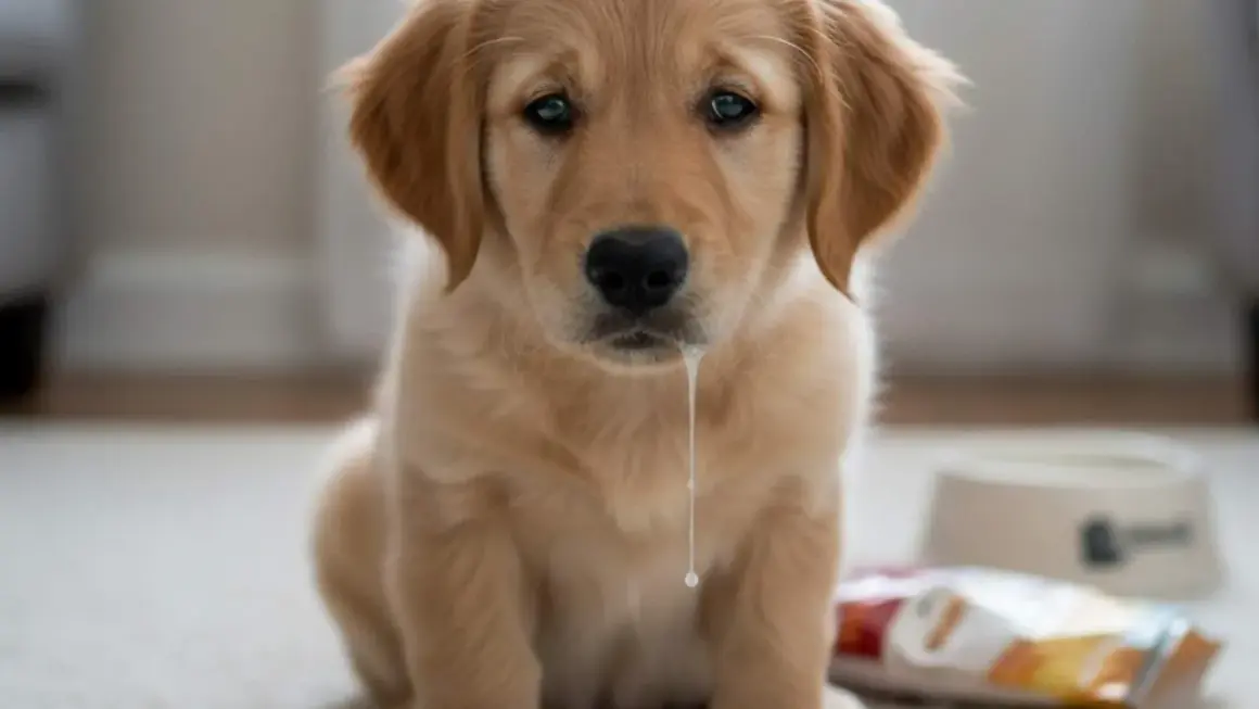 Cachorro golden retriever con babas. Si tu perro tiene síntomas, puede morir un perro por gastritis.