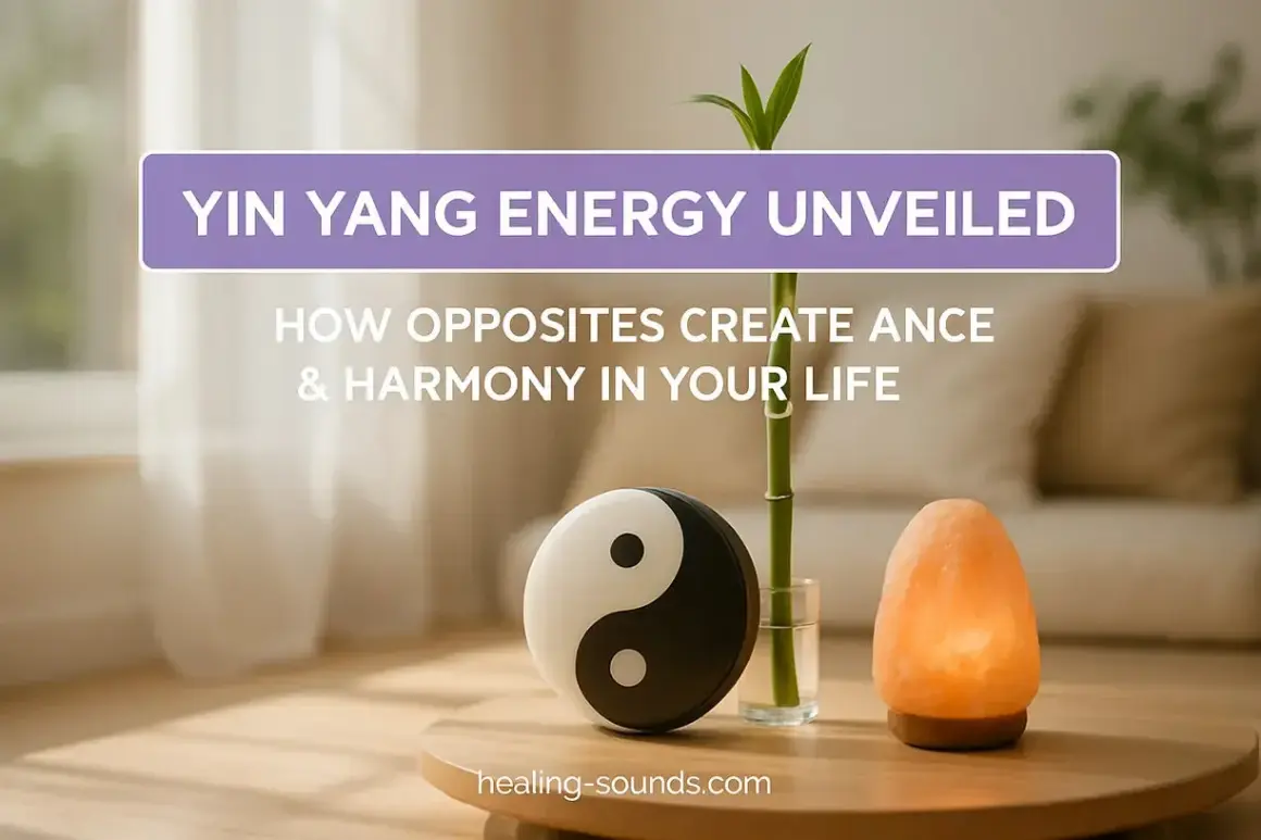 Yin Yang Symbol, Bambus und Salzlampe auf einem Tisch. Die yin yang energy steht für Harmonie.