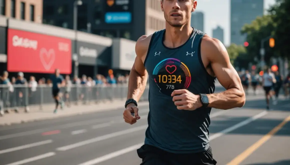 Biegacz na maratonie, z widocznym na koszulce wskaźnikiem tętna, osiąga tętno anaerobowe.