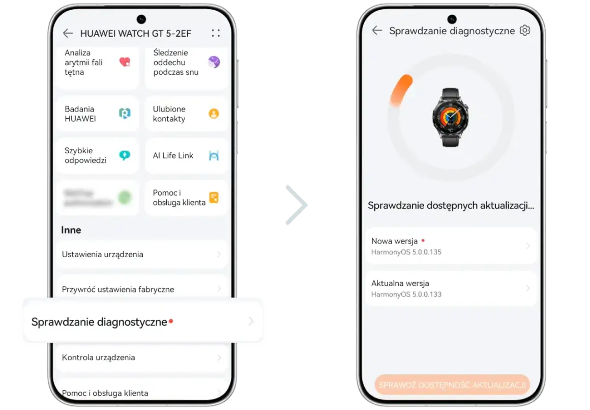 Aplikacja Huawei Zdrowie pokazuje najnowszą wersję HarmonyOS 5.0.0.135 dla zegarka.