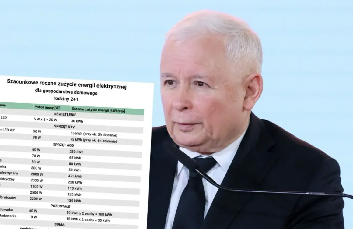 Jarosław Kaczyński na tle tabeli szacunkowego zużycia energii elektrycznej. Temat zamrożenia cen prądu nabiera znaczenia.