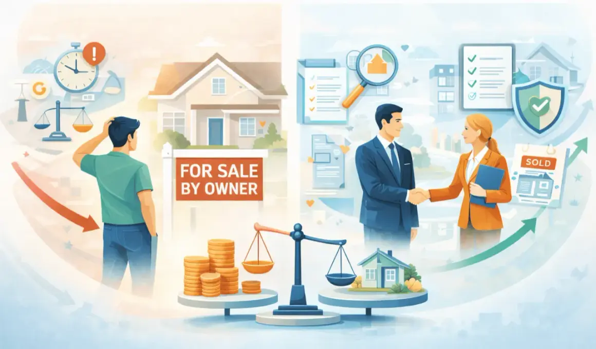 Illustrazione che mostra come funziona un'agenzia immobiliare online: da un lato, un uomo perplesso davanti a una casa "in vendita per proprietario"; dall'altro, agenti che stringono la mano con successo.