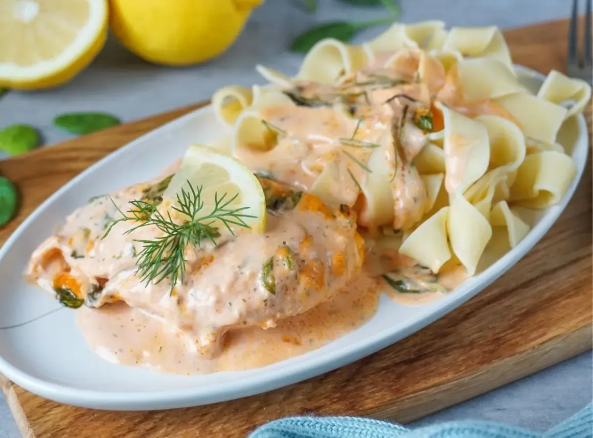 Zartes Lachsfilet in cremiger Sahnesauce mit Spinat, garniert mit Dill und Zitronenspalte, serviert mit breiten Bandnudeln. Ein köstliches Lachs Sahne Gratin.