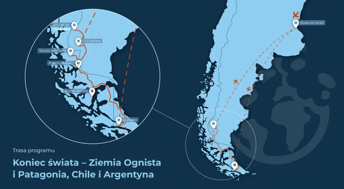Mapa pokazuje, gdzie leży Patagonia: południowy kraniec Ameryki Południowej, z zaznaczonymi miastami jak El Calafate, Ushuaia i Buenos Aires.