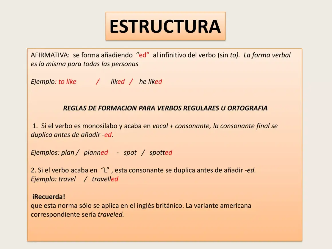 La diapositiva explica la estructura del pasado simple. Se añadió "ed" a los verbos. Por ejemplo, "liked" y "travelled" se usaron.
