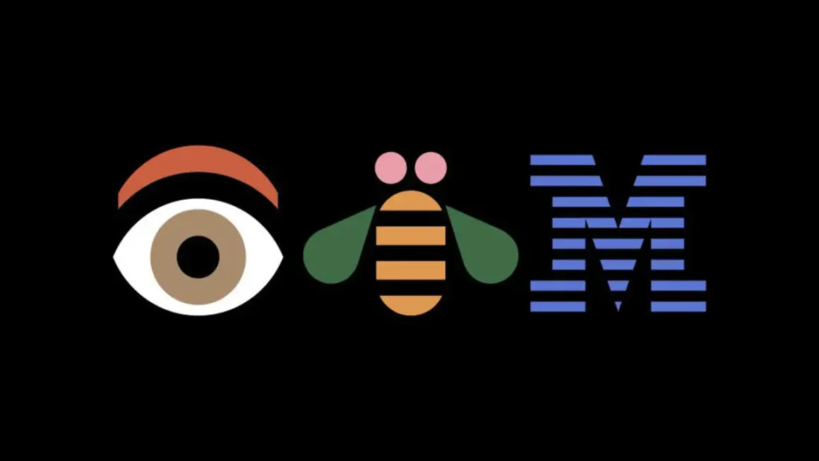 An eye, a bee, and the IBM logo in a playful mid-century graphic design style.