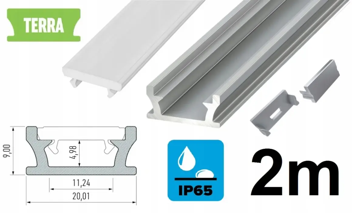 Aluminiowa listwa LED IP65, profil do taśm LED, 2 metry długości, z klipsem montażowym.