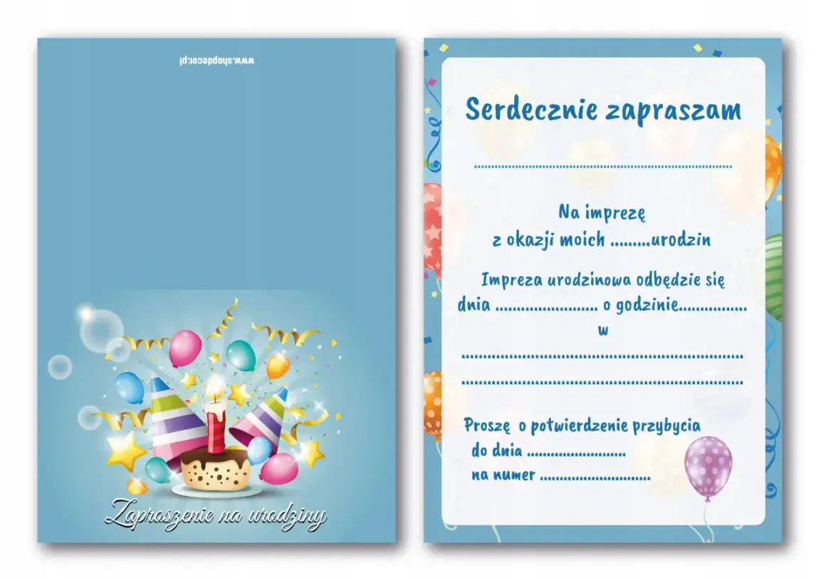 Jak napisać zaproszenie na urodziny? Wzór zaproszenia z tortem, balonami i konfetti. Wypełnij datę, godzinę i miejsce imprezy.