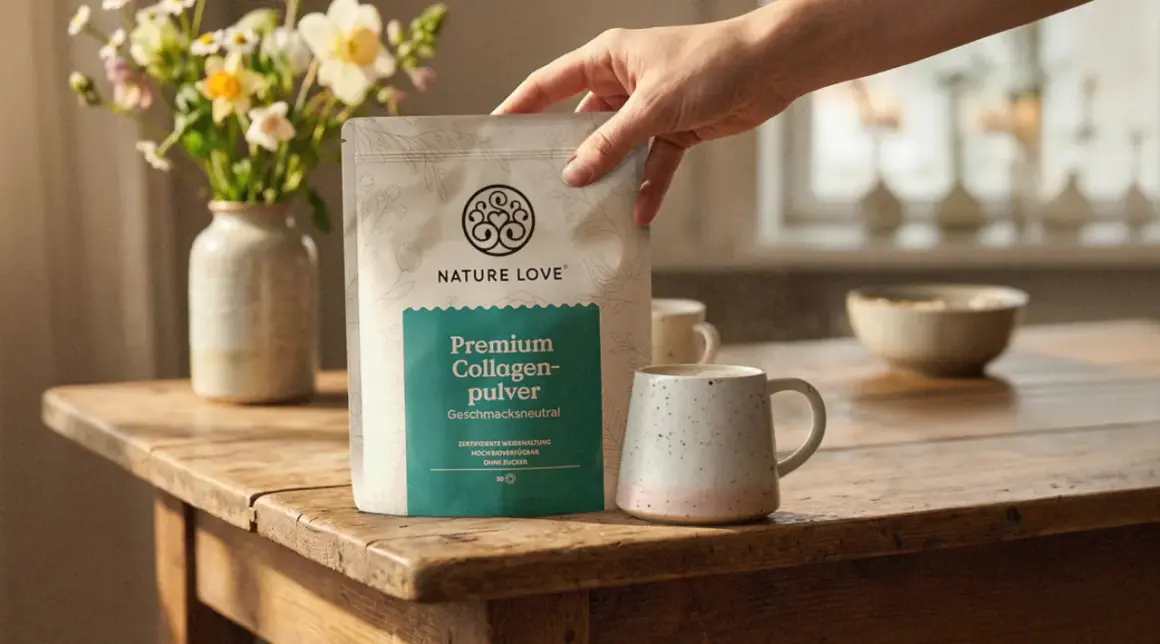 Hand hält Beutel mit Kollagenpulver. Die positive Kollagen wirkung für Haut und Gelenke wird durch das Produkt unterstrichen.