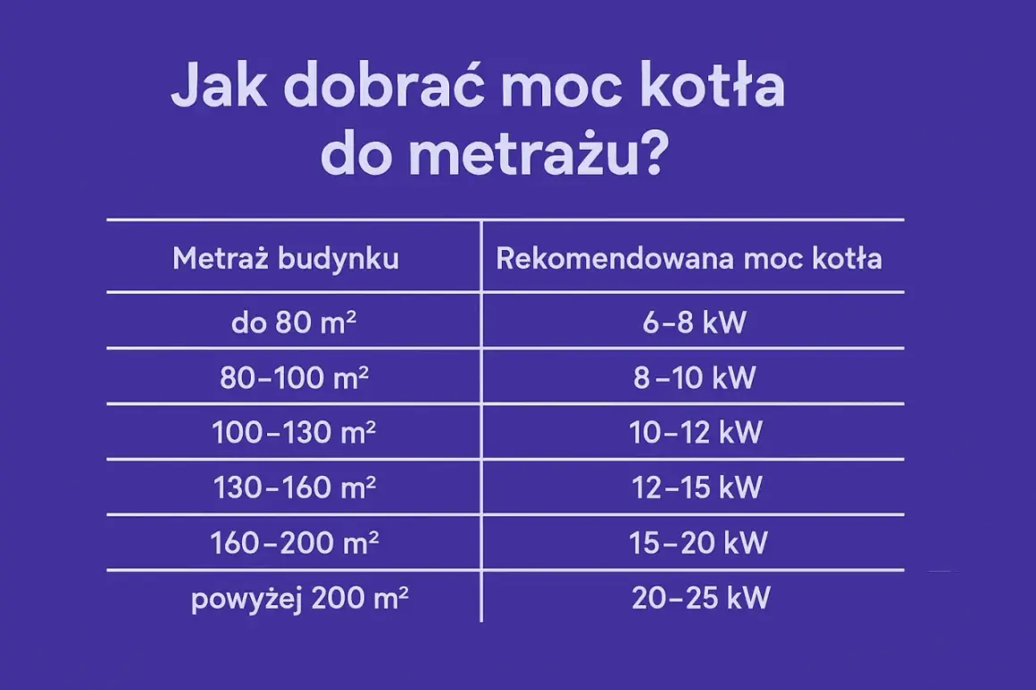 Tabela podpowiada, jaki piec wybrać. Dla 60m2 potrzebny jest piec o mocy 8-10 kW.
