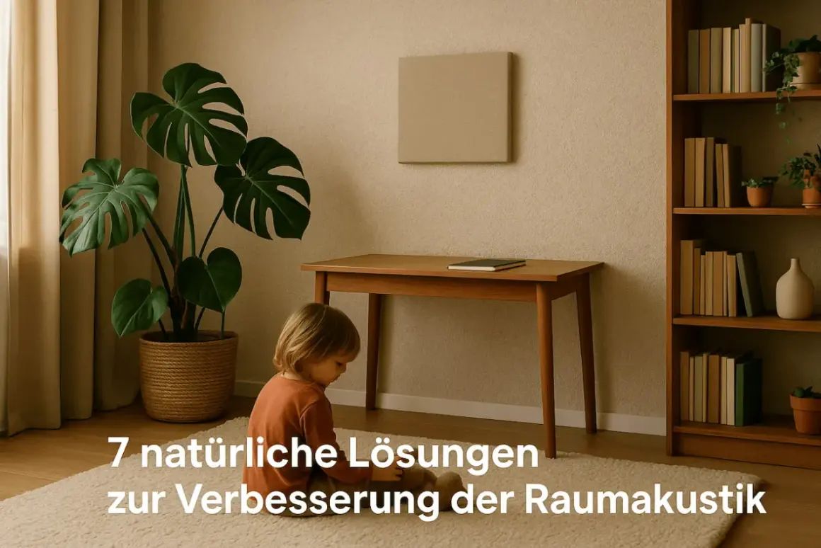 Ein Kind sitzt auf einem Teppich, umgeben von Pflanzen und Büchern. Ein schlichtes Wandpaneel hilft, Schall zu schlucken und die Raumakustik zu verbessern.