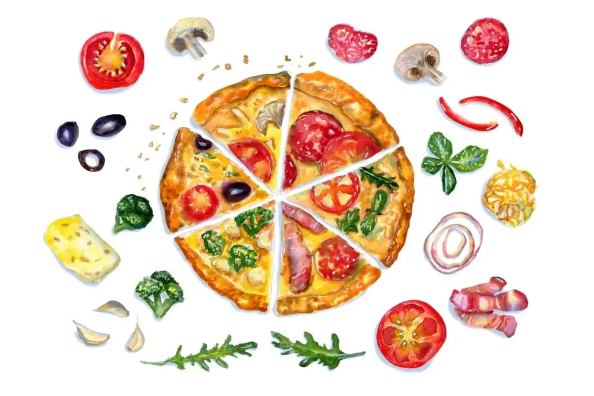 Odkryj oryginalne nazwy pizzy! Kawałki pizzy z salami, pomidorami, oliwkami, brokułami i serem, otoczone składnikami: pomidory, pieczarki, papryczki, bazylia, cebula, boczek.