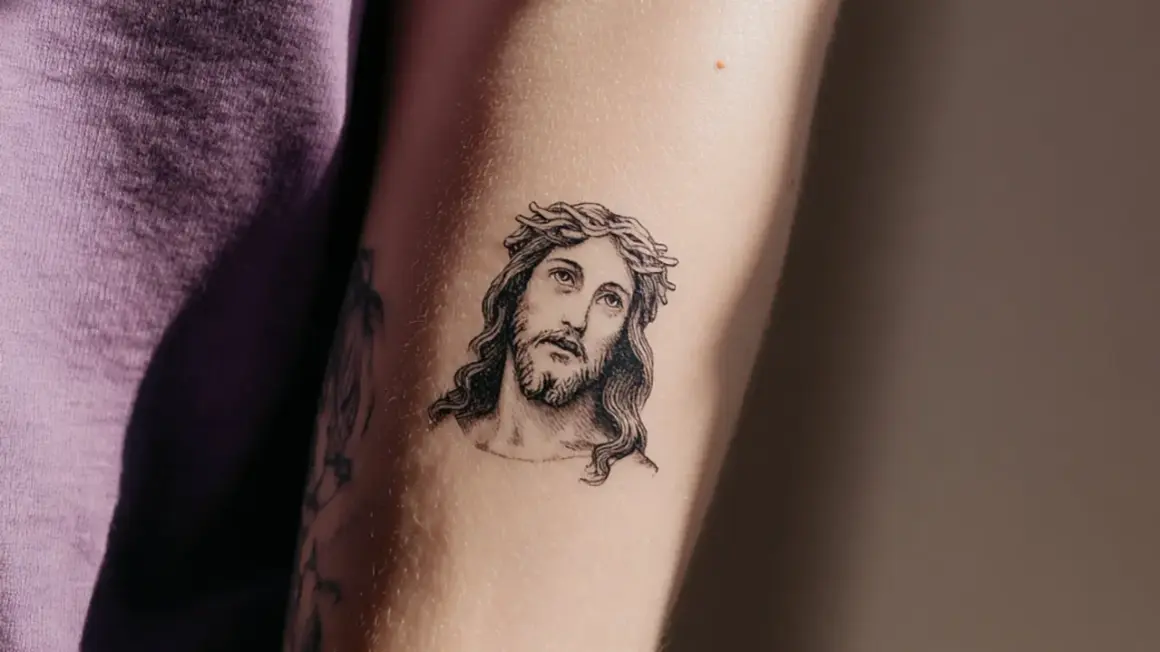 Ein Porträt von Jesus mit Dornenkrone, ein Beispiel für minimalistische Tattoos, auf einem Arm.