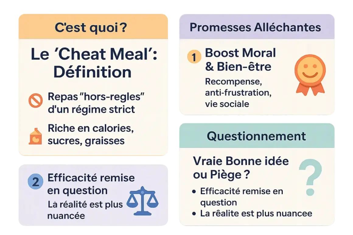 Le 'Cheat Meal' : définition, promesses alléchantes et questionnement. Un repas "hors-règles" riche en calories, sucres, graisses, qui peut être une récompense ou un piège. L'efficacité est remise en question, la réalité est plus nuancée.