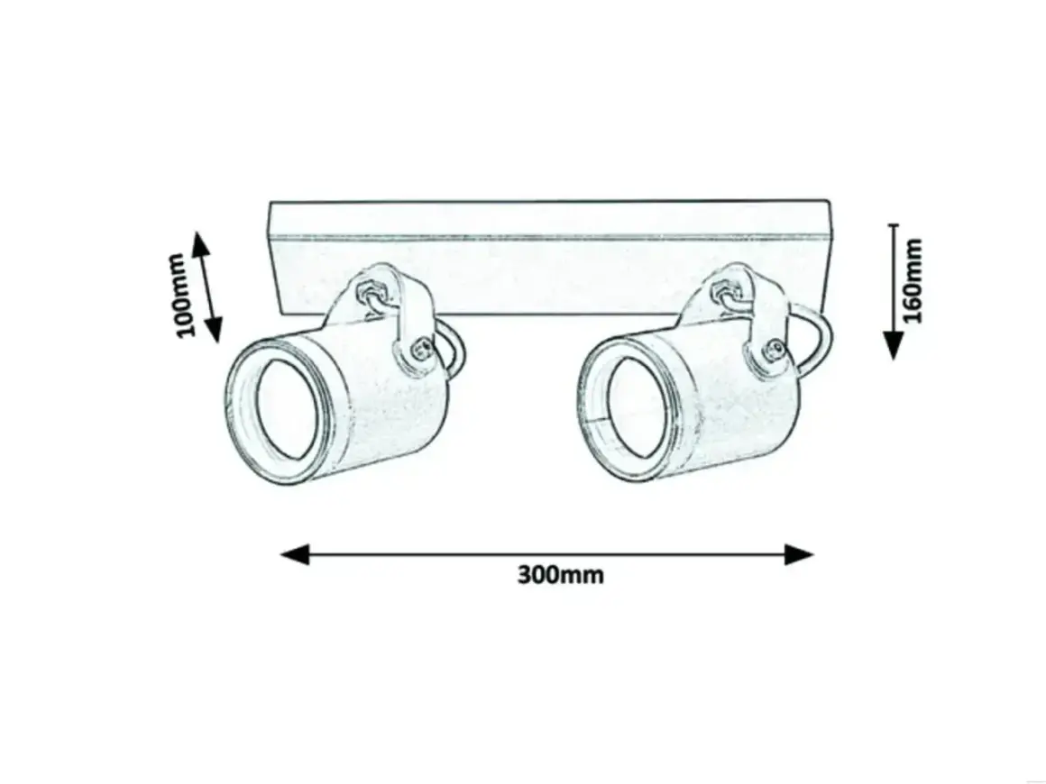 Rysunek techniczny kinkietów zewnętrznych. Wymiary: 300mm szerokości, 100mm wysokości klosza, 160mm całkowitej wysokości.