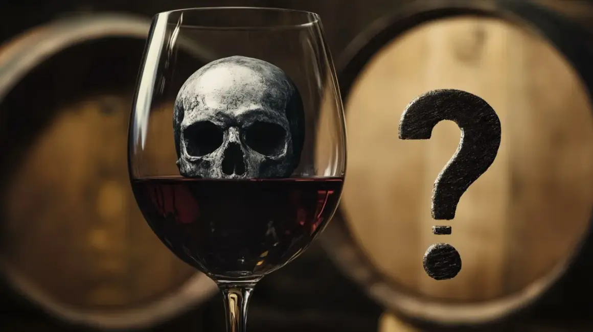 Un crâne dans un verre de vin rouge, avec un point d'interrogation à côté. Un vin bouchonné dangereux ?