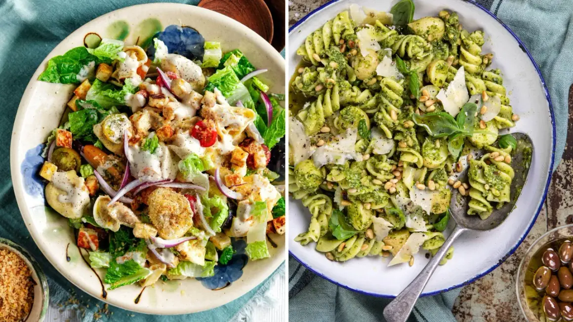 Två läckra pastasallad recept: en med kyckling och krutonger, den andra med pesto, pinjenötter och parmesan.