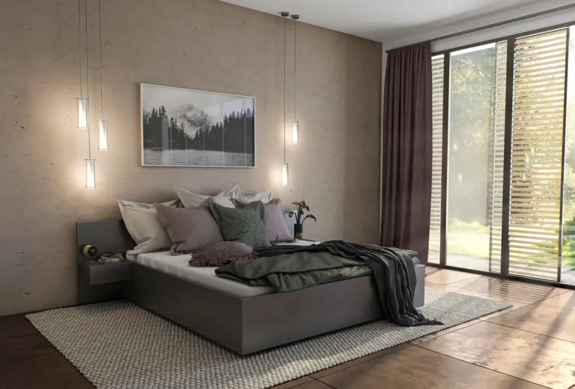 Gemütliches Schlafzimmer mit einem modernen Polsterbett, das zum Entspannen einlädt. Ein Bild mit Berglandschaft und viel Tageslicht.