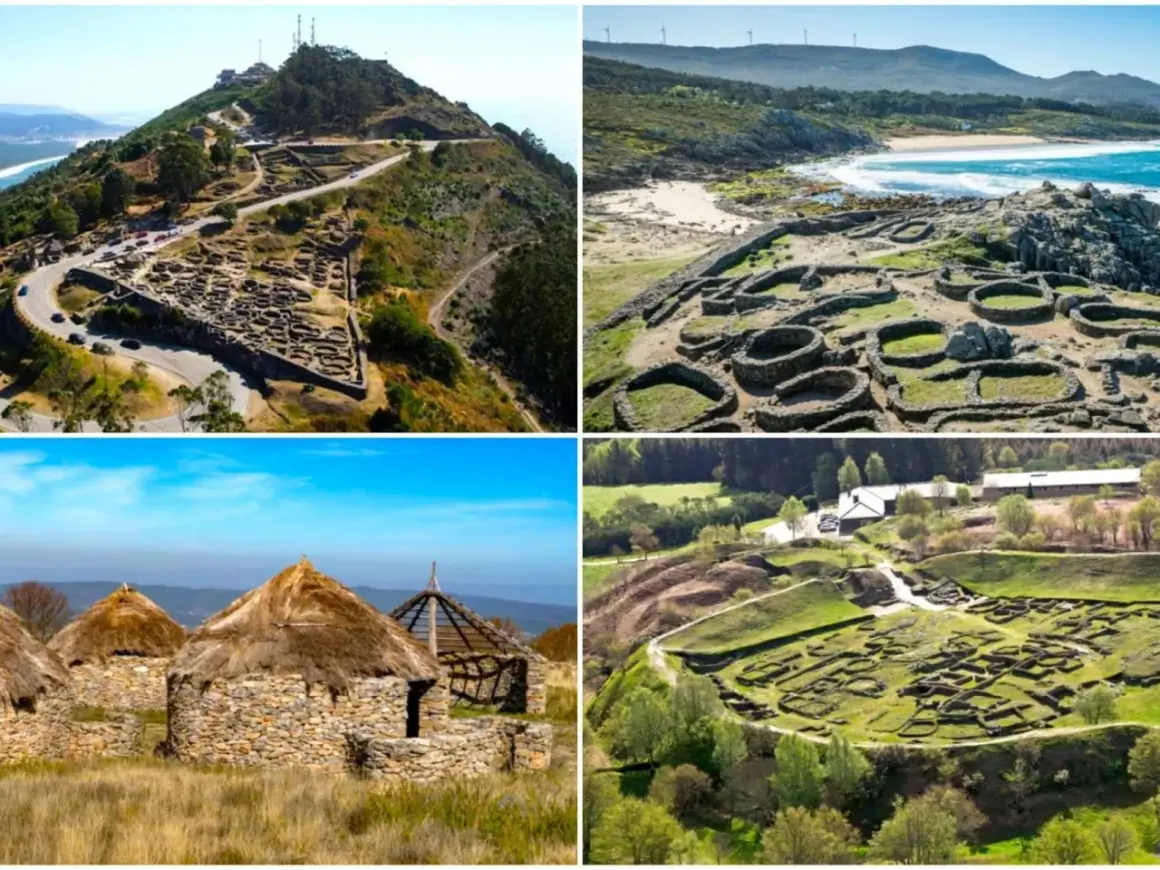 Vistas de castros gallegos, ruinas circulares de piedra y cabañas con tejados de paja, en paisajes costeros y montañosos.