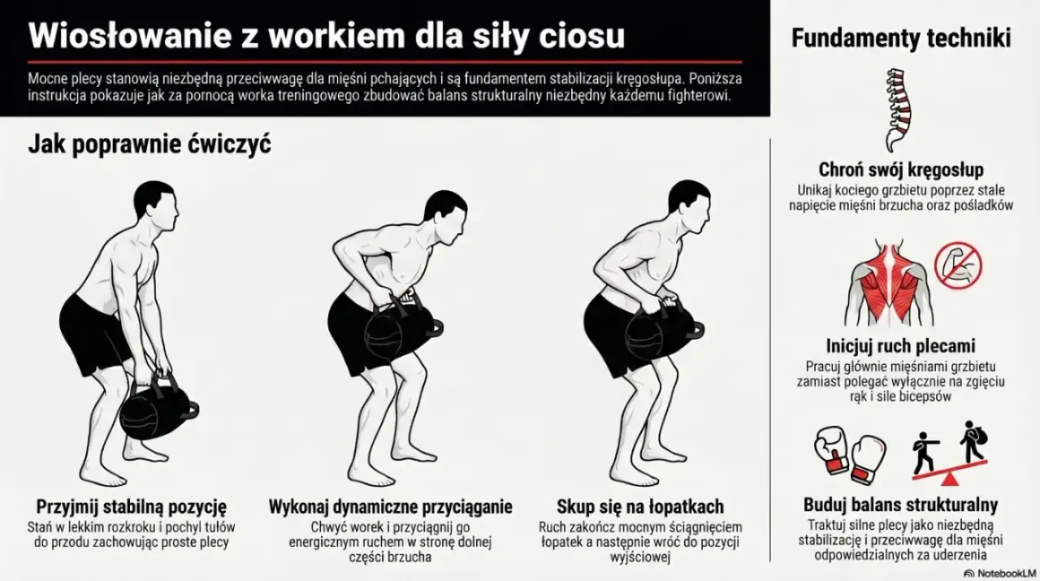 Ilustracja pokazuje mężczyznę wykonującego wiosłowanie z workiem treningowym. To ćwiczenie to kluczowy element treningu siłowego, budujący stabilizację i siłę.