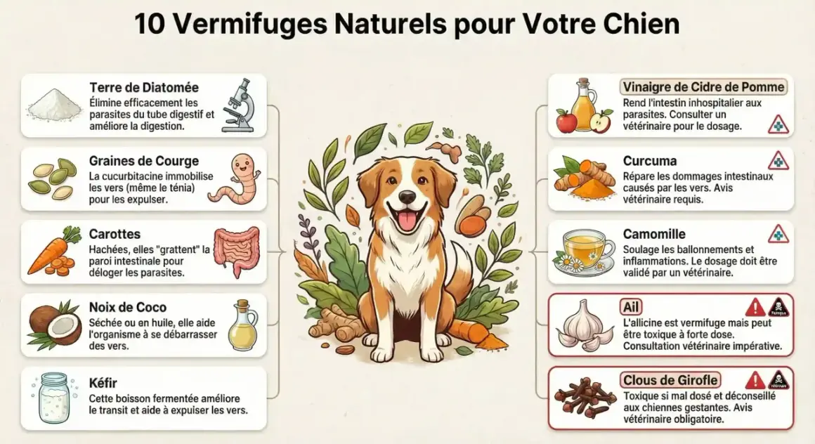 Infographie sur 10 remèdes naturels pour aider à comment soulager un chien qui a des vers, avec des images d'ingrédients et d'un chien joyeux.