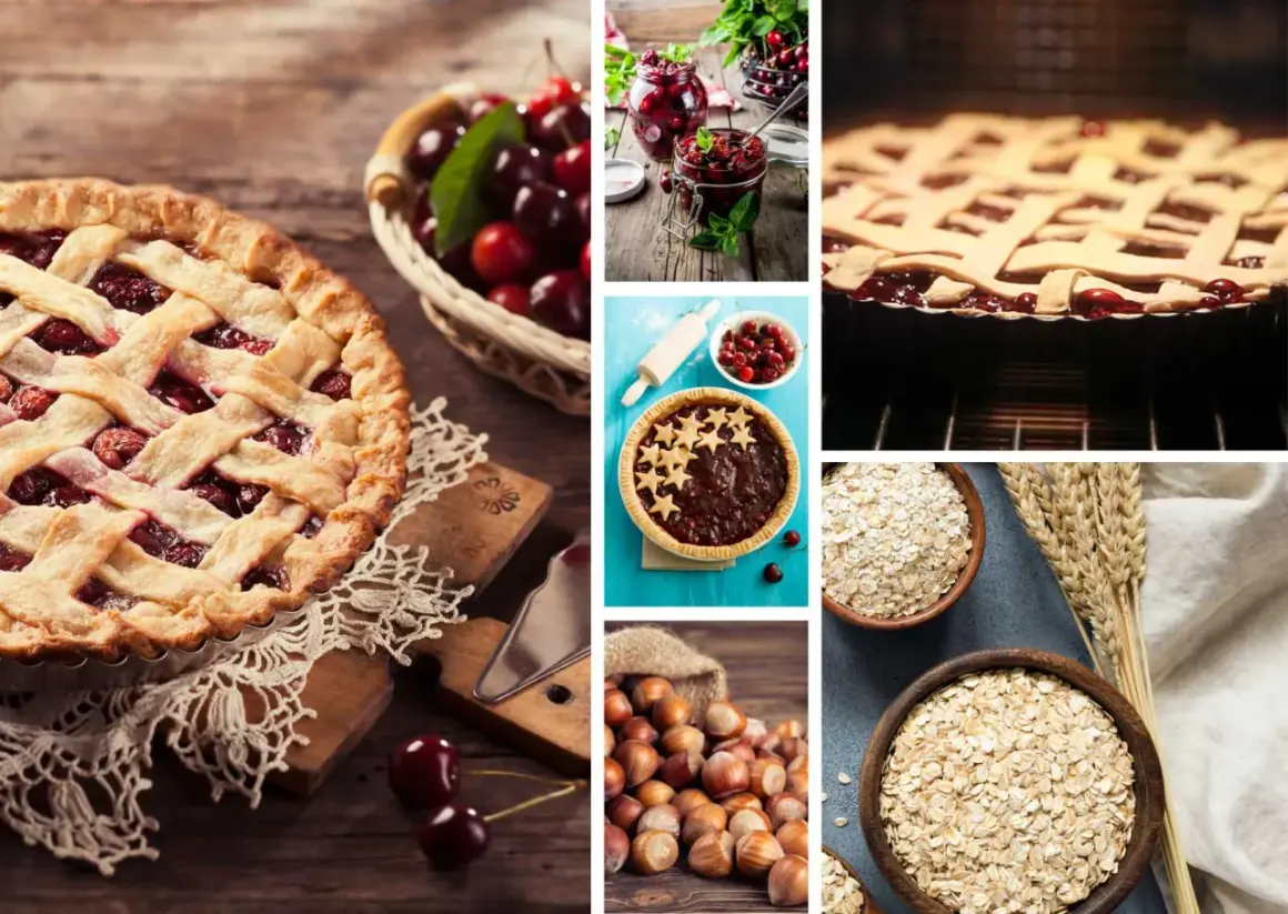Landfrauen-Rezept: köstliche Kirschkuchen-Zutaten wie Kirschen, Nüsse und Haferflocken für ein Linzertorte Rezept.